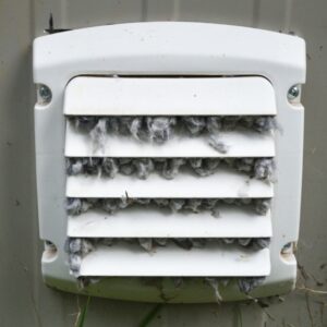 a white and dirty outside dryer vent caps with lint coming out